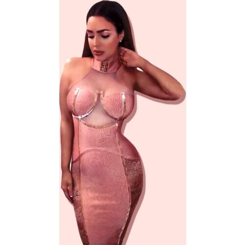 New Pink Bandage Dress 2020 Sleeveless Backless Lace Bodycon Dress Elegant Celebrity Night Club Dress Vintage Vestios Bandagem