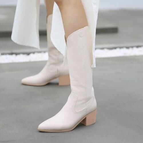 Autumn/Winter Leather Boots Women Long Cylinder Boots European Style Zipper Heels White Brown Khaki Black Ladies Boots Size33-42