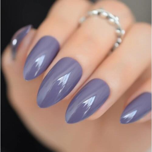 Oval Sharp Solid Purple Gray Fake Nails Soft Grey Stiletto False Nail Full Cover Pointed Pure Color with UV Gel Design Wear Tips