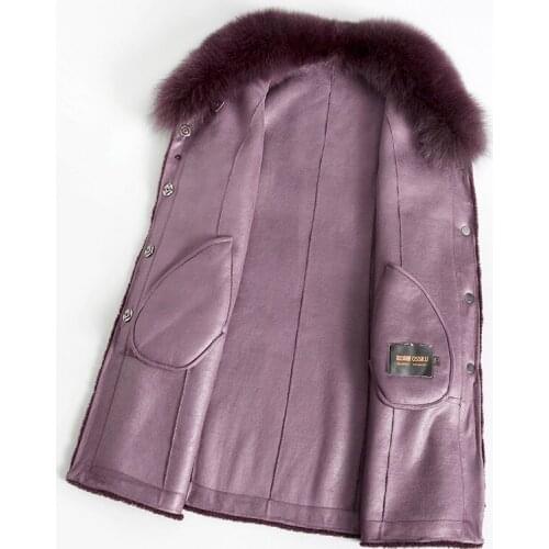 Real Sheep Shearling Coat Female Fox Fur Collar Wool Coats Winter Jacket Women Suede Leather Long Jackets MY4058