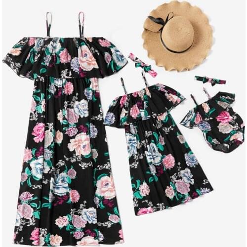 PatPat 2020 New Summer Mosaic Mommy and Me Floral Off Shoulder Highwaist Dresses Romper Matching Outfits