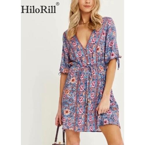 HiloRill Women V Neck Floral Print Vintage Mini Dress Bow Tie Short Sleeve Summer Party Dress Ladies Elastic Waist Sundress