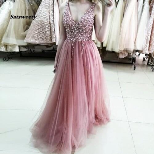Dusty Pink Tulle Prom Dresses V-Neck Back Plus Size Sexy Women Crystal Evening Gowns Party Dresses Robe Femme 2021
