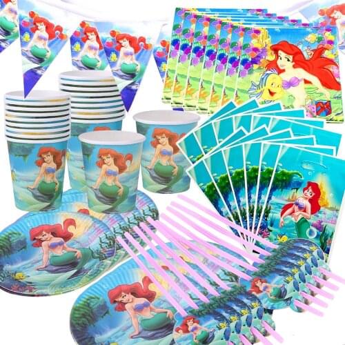 1set 20 perso use happy birthday Mermaid Ariel girls baby shower party decoration banner table cloth straws cup plates supplier
