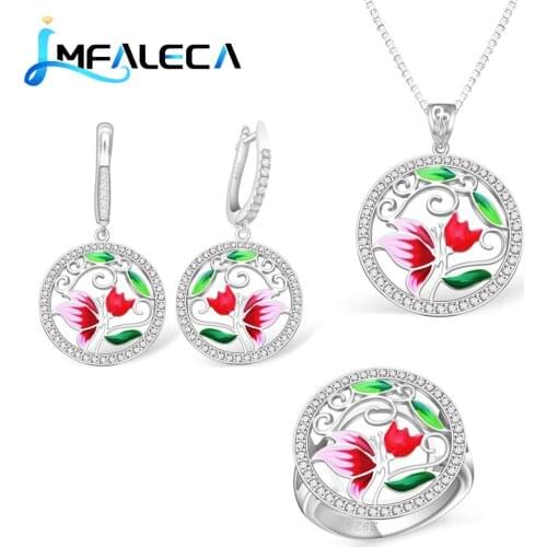 LMFALECA Pure 925 Sterling Silver Earrings Jewelry Sets for Women Bright Enamel Flower Necklace Ring Luxury Jewelry Gift for Her