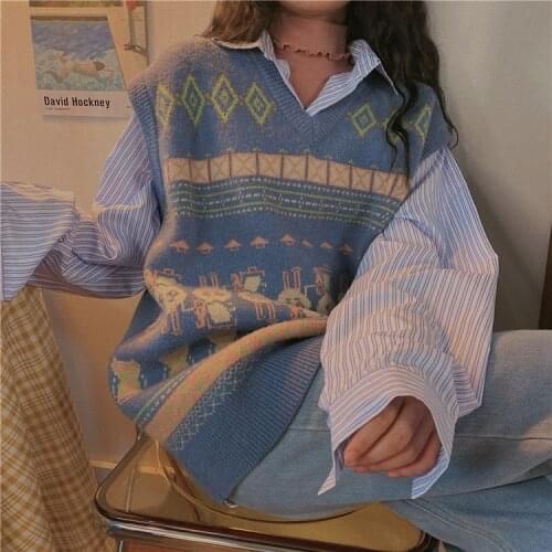 2021traf Vintage V-neck Knitted Sweater Women Sleeveless Pullover Elasticity pull sans manche Female Casual Oversized Vest tops