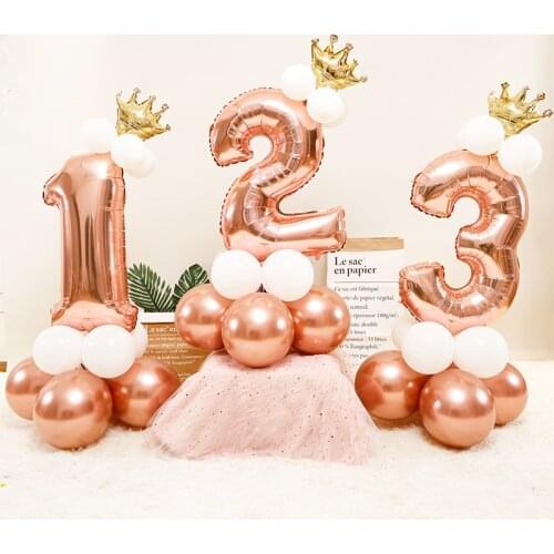 32inch Rose Gold Number Aluminum Foil Crown Balloon Baby 123st Birthday Party Balon Baby Shower Decor Happy Birthday Party Decor