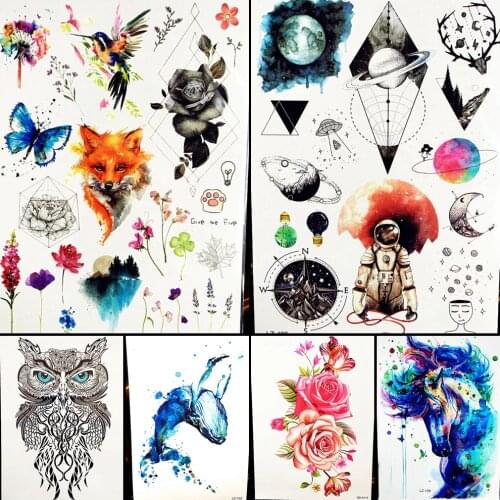 3D Water Color Fox Flower Lavender Leaf Temporary Tattoo Stickers Hummingbird Dandelion Fake Water Transfer Tattoo Women Girl