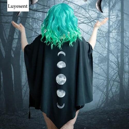 Black Dark Goth Woman Cloak 2020 Open Stitch Moon Crescent Print Witch Gothic Manteau Punk Bat Sleeved Tassel Top Cool Pluvial