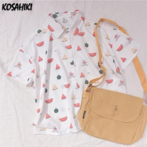 KOSAHIKI Women Shirt 2021 Summer Korean Watermelon Bear Print Kawaii Blouse Loose Casual Short-sleeved Harajuku Blusas Japanese