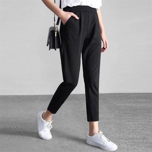 Korean OL Autumn Summer 2020 Chiffon Black Harem Pants Ladies Pleated Ankle-length Pencil Pants Simple Formal Trousers Women