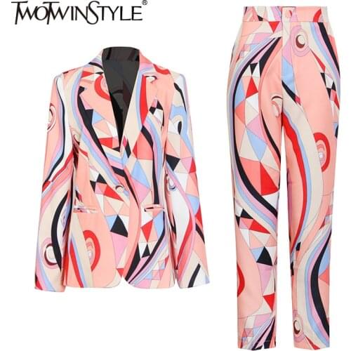 TWOTWINSTYLE Print Two Piece Set For Women Notched Long Sleeve Hit Color Top High Waist Full Length Pants New Sets Female 2021