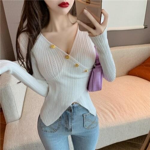 Spring Autumn Sueters De Mujer Button Sweater Korean Fashion Slim Knitted Long Sleeve Women Clothing Casual Tops V-Neck Pullover