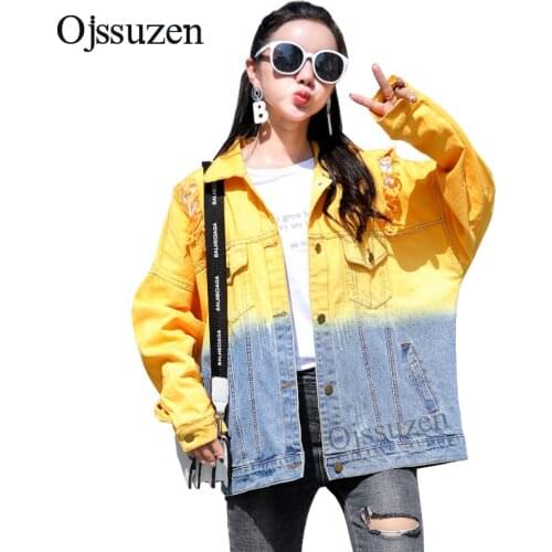 Gabanes Mujer Overcoat Ladies Ripped Yellow Coats Contrast Color Women Harajuku Jackets Denim Korean Female Loose Jeans Jacket