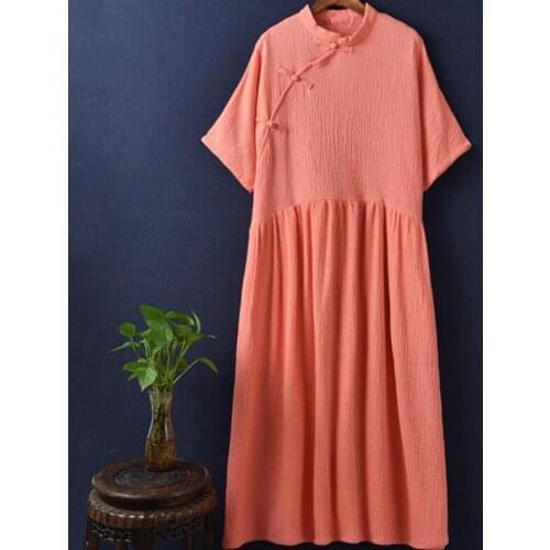 Women stand collar half Sleeve Maxi Dress Summer Autumn Cotton Linen Robe Dresses Plus Size Large Size vintage Dresses vestido