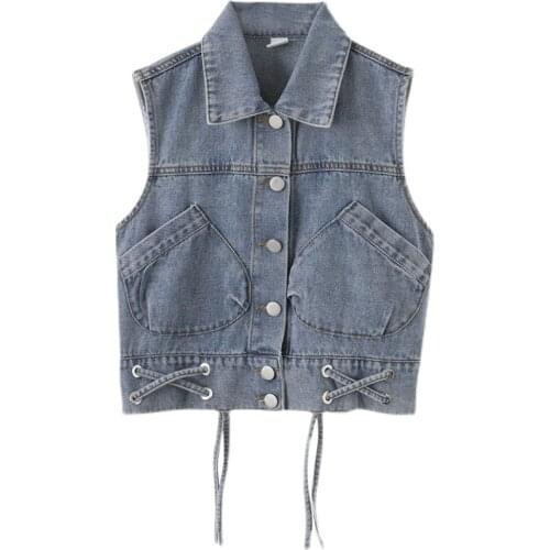 New girls fashion short denim vest spring autumn kids pocket vests waistcoat for children clothing tops 4-13Yrs