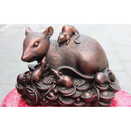 7 China Home Feng shui Copper Zodiac Rat Mice Mouse mother Son Money Coin Statue