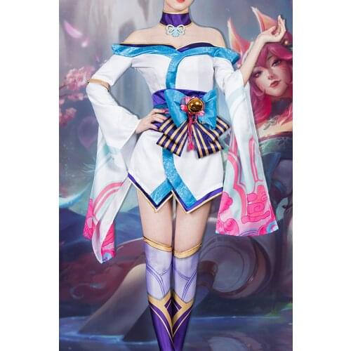 Anime LOL Ahri Lotus Flower Lolita Kimono+headwear Nine Tails Fox Stage Outfit Cosplay Costume Halloween Free Shipping 2020 New