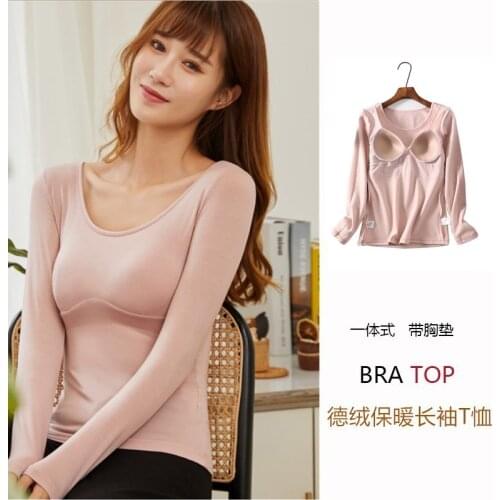 Fleece warm top womens German velvet with chest pad, text-free bra cups, one-piece long-sleeved inner bottoming shirt, autumn a