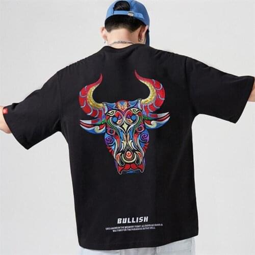 2021 Summer New 100% Cotton Year Luxury Cow Head Embroidery Large Hip Hop Tide Short Sleeve T-shirt Mens Loose T-shirt