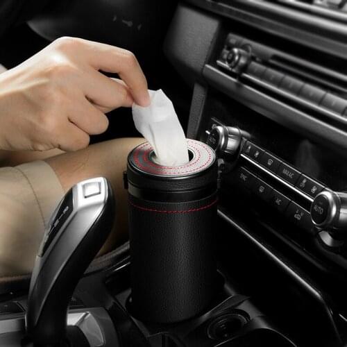 JINSERTA Leather Car Trash Can Organizer Storage Bag Tissue Tube Garbage Bin Ashtray Dust Case Holder Auto Accessories for Home