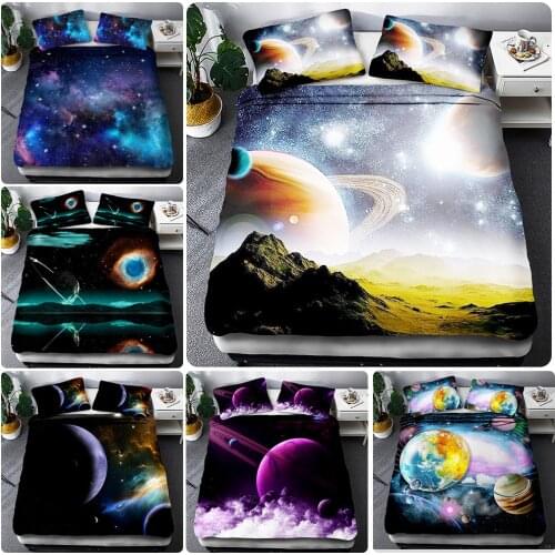 Starry Sky Series Space Bedding Comforter Cover Set Queen Microfiber Decor Teens Kids Boy Galaxy Planet Printed Duvet Bedcloth