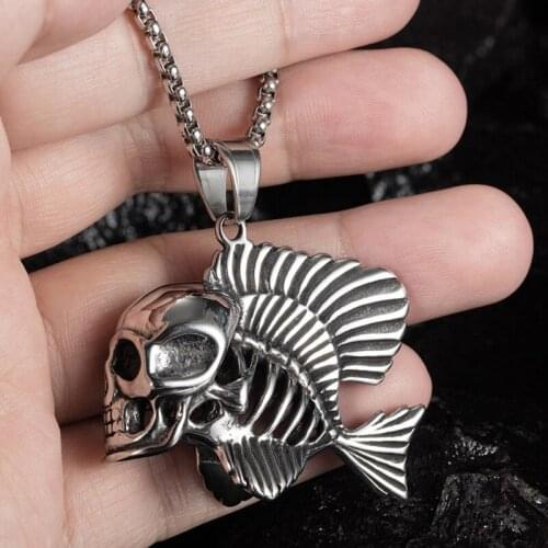 Creative Skull Fish Head Monster Pendant Necklace Men Women Hip Hop Goth Fashion Personality Accessories Student Party Rock DIY
