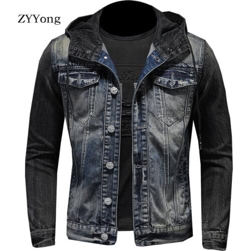 European Style Hooded Colorblock Bomber Pilot Blue Denim Jacket Men Jeans Coats Motorcycle Casual Slim Outwear Clothing Overcoat