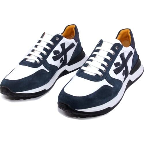 Handmade Summer Fashion Sport Sneakers with Dark Blue White Calf Suede & Leather, Lightweight EVA Sole, Mens Comfort Shoes