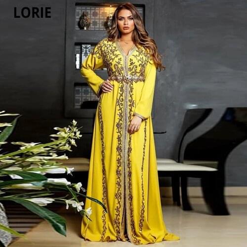 LORIE Yellow Moroccan Caftan Muslim Evening Dresses Gold Appliques Crystal A-line Dubai Formal Special Occasion Gowns Plus Size