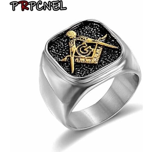 316L stainless steel mens masonic ring gold Silver color biker Punk fashion Titanium masonic ring mens steel jewelry