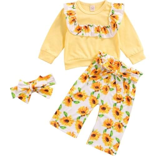 2021 0-4Y Sweet Toddler Girl Fall Clothes Long Sleeve Ruffle Pullover Yellow Top+Sunflower Print Pants+Headband Set Fall 3pcs