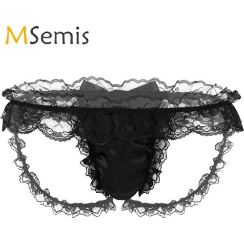 Mens Lingerie Sissy Underwear Soft Satin Low Rise Bulge Pouch T-back Panties Frilly Ruffled Lace Bikini Thong Briefs Underpants