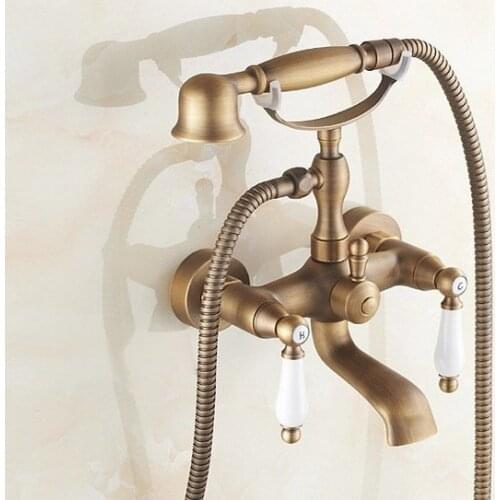 Wall Mounted Bathtub Faucet Clawfoot Bath Tub Filler Mixer Tap Set Hand Shower Antique Brass Dual Ceramics Handles atf153