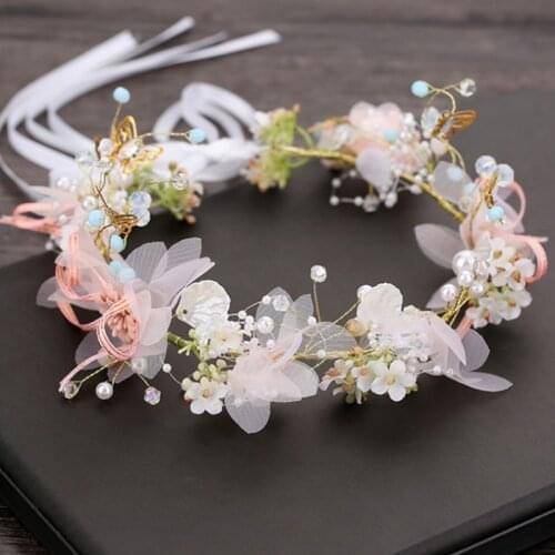 Bride Princess Artificial Flower Garland Crown with Adjustable Ribbon Wedding Hair Wreath Tiara Headband Wrist Bracelet