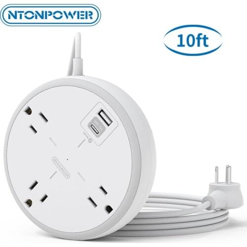 NTONPOWER 3 Widely Spaced Outlet 2 USB Ports(1 USB-C 1 USB-A) Wall Mount Power Strip with 10FT Extension Cord For Home/Office