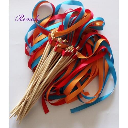 50pcs/lot Red Bule Orange wedding ribbon stick wands with gold bell for wedding decoration