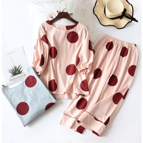 Spring/Summer Pajamas Set Women Knit Cotton Puff Sleeve with Cropped Trousers Ladies Sleepwear Set Thin Comfort Leisure Wear