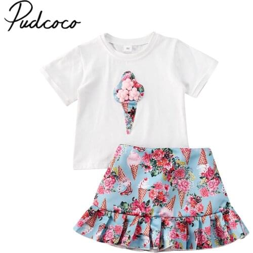 Pudcoco Baby Girls Clothes Set 2Pcs Kids Short Sleeve Ice Cream Print T-shirt Toddler Girls Floral Pleated Skirts Outfits