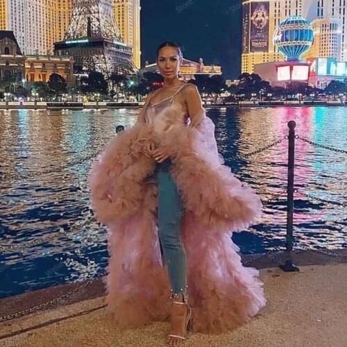 Fluffy Tiered Blouse Long Jacket Sexy Tulle Custom ropa de mujer Fashion Casual Sheer Any Size Dusty Pink Jacket рубашка женская