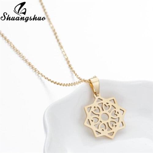 Shuangshuo Vintage Hollow Square Mandala Flower Necklaces Pendants Stainless Steel Unique Geometric Collars Femme Punk Gold Gift