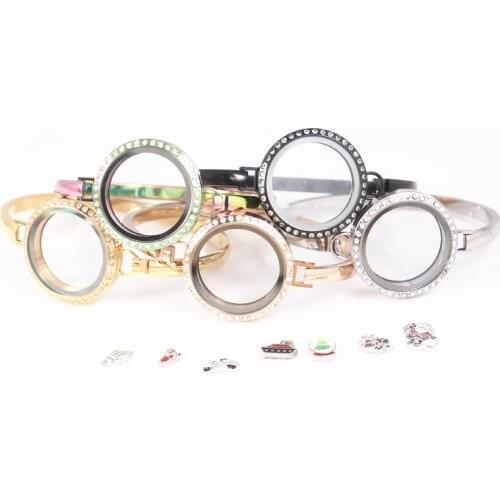 Mix Color 30mm 316L Stainless Steel Screw Floating locket Bangle 7/8 Inch Crystals Floating Charms Memory Locket Bracelet