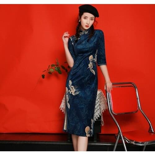 Modern Chinese Oriental Dresses Japanese Print Crane Qipao Half Sleeve Vintage Vestido Elegant Chinese Dresses FF2221