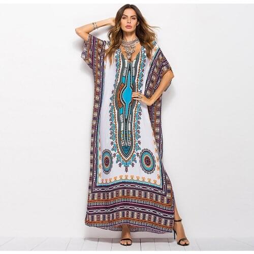 Bohemian Women Maxi Dress Muslim Abaya Print Batwing Sleeve Summer Ethnic Beachwear Holiday Vestidos De Fiesta Moroccan Kaftan