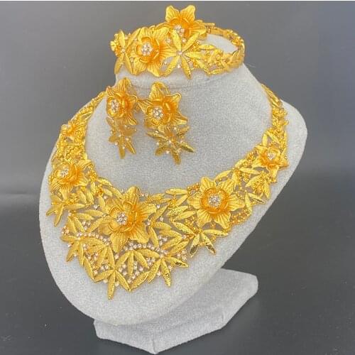 Dubai Jewelry Sets Gold Color Necklace Bracelet Earrings Ring for Women Nigerian Ethiopian Wedding Gifts African Collar