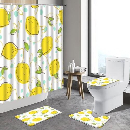 Summer Tropical Fruits Shower Curtain Pineapple Doodle Decor Cartoon Yellow Lemon Curtains Bathroom Non-slip Carpet Bath Mats