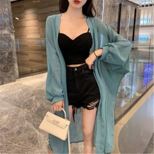 1PCS Women Blouse Summer Puff Sleeve Long Chiffon Shirt Kimono Cardigan Black White Loose Kimono Ladies Tops Sun-protective Tops