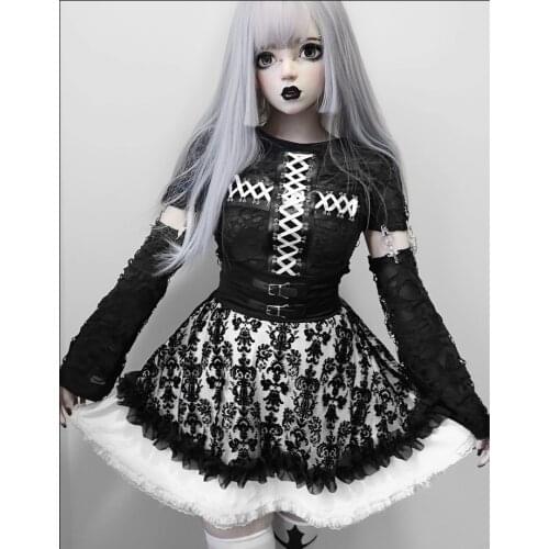 Original Design Gothic Black Cake Skirt Set Long Sleeve Hollow Out Cross Crop Top and Floral Lace Ball Gown Skirt Punk Women Set