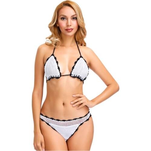 Handmade Crocheted Lacing Bikini Set Women Swimsuit Sexy Swimwear Bathing suit with lining