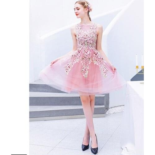 Evening Dress Illusion A-Line O-Neck Sleeveless Pearls Tulle Lace Embroidery Vintage Luxury Pink Elegant Women Formal Gown TS005